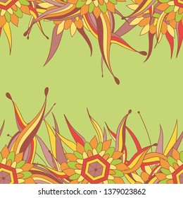 Seamless pattern background with abstract leaves and flowers. Hand drawn illustration. Greeting card