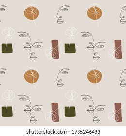 Seamless pattern background Abstract line art woman face. Portret minimalistic style. Continuous line. Young girl beauty minimalist. hand drawn character. Vector illustration