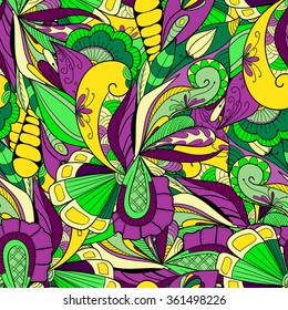 Seamless pattern background with abstract ornaments, leaves. Hand draw illustration