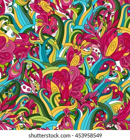 Seamless pattern background with abstract ornaments. Hand draw illustration. Bright pink yellow green colors