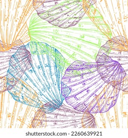 Seamless pattern background with abstract shell ornaments. Hand drawn nature illustration of ocean.