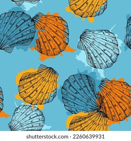 Seamless pattern background with abstract shell ornaments. Hand drawn nature illustration of ocean.