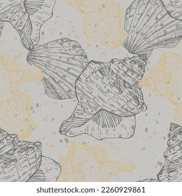 Seamless pattern background with abstract shell ornaments. Hand drawn nature illustration of ocean.