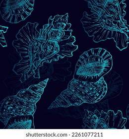 Seamless pattern background with abstract shell ornaments. Hand drawn nature illustration of ocean.