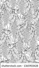 Seamless pattern, background with acacia. Outline hand drawing vector illustration. Vector illustration.