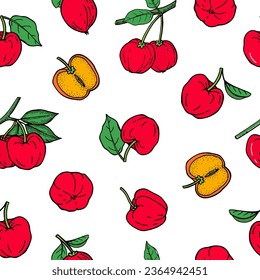 Seamless pattern background with  acerola berries, fruits, branches, twigs with leaves. Food elements. Hand drawn line vector illustration.
