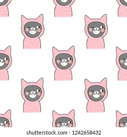 Seamless pattern background adorable cat on white.Draw doodle cartoon style.