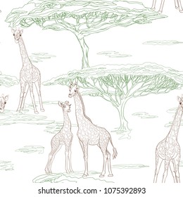 Seamless pattern, background  with adult giraffe and baby giraffe.  Realistic drawing, animalism. Vector illustration.  Isolated on white background.  Outline drawing. 