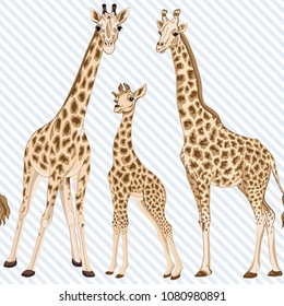 Seamless Pattern, Background  With Adult Giraffe And Baby Giraffe. On Blue And White Diagonal Stripes Background. Realistic Drawing, Animalism. Vector Illustration.  