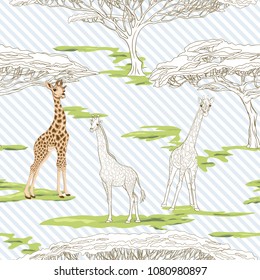 Seamless pattern, background  with adult giraffe and baby giraffe. On blue and white diagonal stripes background. Realistic drawing, animalism. Vector illustration.  Colored and outline drawing. 