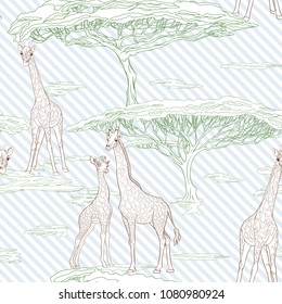 Seamless pattern, background  with adult giraffe and baby giraffe. On blue and white diagonal stripes background. Realistic drawing, animalism. Vector illustration.  Outline drawing. 