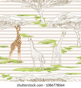 Seamless pattern, background  with adult giraffe and baby giraffe. On beige and white  stripes background. Realistic drawing, animalism. Vector illustration.  Colored and outline drawing. 