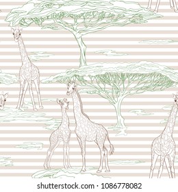 Seamless pattern, background  with adult giraffe and baby giraffe. On beige and white  stripes background. Realistic drawing, animalism. Vector illustration.  Outline drawing. 