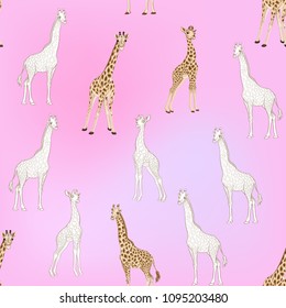 Seamless pattern, background  with adult giraffe and baby giraffe. on pink background. Realistic drawing, animalism. Vector illustration.  Colored and outline drawing. 