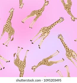 Seamless pattern, background  with adult giraffe and baby giraffe. on pink background. Realistic drawing, animalism. Vector illustration.  