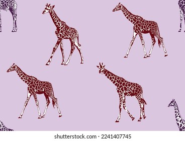 Seamless pattern, background with adult giraffe and baby giraffe. Realistic drawing, animals. Vector illustration. Isolated on white background.