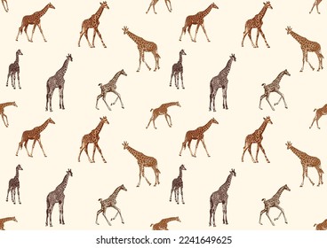 Seamless pattern, background with adult giraffe and baby giraffe. Realistic drawing, animals. Vector illustration. Isolated on white background.