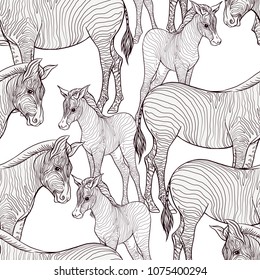 Seamless pattern, background  with adult zebra  and zebra cub.  Realistic drawing, animalism. Vector illustration.  Isolated on white background.  Outline drawing. 
