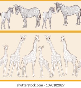 Seamless pattern, background  with adult zebra and giraffe  and zebra and giraffe cubs.  Realistic drawing, animalism. Vector illustration.  On soft yellow background. Outline drawing.