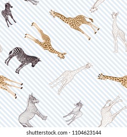 Seamless pattern, background  with adult zebra and giraffe  and zebra and giraffe cubs.  Realistic drawing, animalism. Vector illustration.  On blue and white diagonal stripes background. Outline.