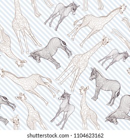 Seamless pattern, background  with adult zebra and giraffe  and zebra and giraffe cubs.  Realistic drawing, animalism. Vector illustration.  On blue and white diagonal stripes background. Outline.