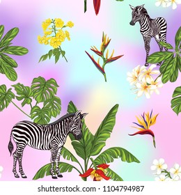 Seamless pattern, background  with adult zebra and zebra cubs with tropical plants and flowers.  Realistic drawing, animalism.  Vector illustration