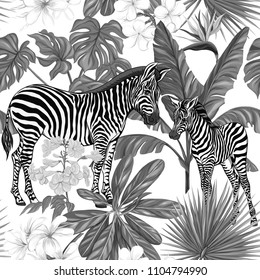 Seamless pattern, background  with adult zebra and zebra cubs with tropical plants and flowers.  Realistic drawing, animalism.  Vector illustration