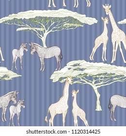 Seamless pattern, background  with adult zebra and giraffe  and zebra and giraffe cubs.  Realistic drawing, animalism. Vector illustration.  On denim blue  stripes background. Outline drawing.