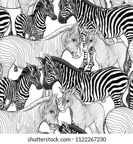 Seamless pattern, background  with adult zebra  and zebra cub.  Realistic drawing, animalism. Vector illustration.   Colored and outline drawing. 