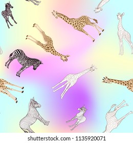 Seamless pattern, background  with adult zebra and giraffe  and zebra and giraffe cubs.  Realistic drawing. Vector illustration.  In light ultra violet pastel colors on mesh pink, blue background.