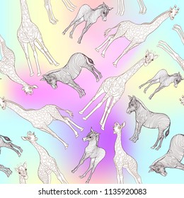 Seamless pattern, background  with adult zebra and giraffe  and zebra and giraffe cubs.  Realistic drawing. Vector illustration.  In light ultra violet pastel colors on mesh pink, blue background. 
