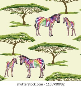 Seamless pattern, background  with adult zebra  and zebra cub.  Realistic drawing, animalism. Vector illustration.  On green background.