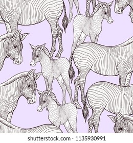 Seamless pattern, background  with adult zebra  and zebra cub.  Realistic drawing, animalism. Vector illustration.  On pink background. Outline drawing. 