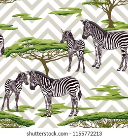 Seamless pattern, background  with adult zebra  and zebra cub.  Realistic drawing, animalism. Vector illustration.   On grey and white zigzag stripes background.