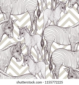 Seamless pattern, background  with adult zebra  and zebra cub.  Realistic drawing, animalism. Vector illustration.   On grey and white zigzag stripes background. Outline drawing. 
