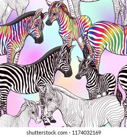 Seamless pattern, background  with adult zebra  and zebra cub.  Realistic drawing, animalism. Vector illustration.  On pink background. Colored and outline drawing. 