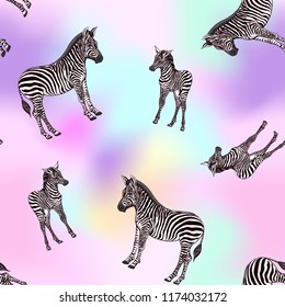 Seamless pattern, background  with adult zebra  and zebra cub.  Realistic drawing, animalism. Vector illustration.  On pink background. 