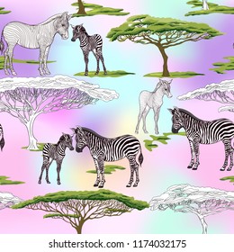 Seamless pattern, background  with adult zebra  and zebra cub.  Realistic drawing, animalism. Vector illustration.  On pink background.  Colored and outline drawing. 