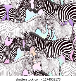 Seamless pattern, background  with adult zebra  and zebra cub.  Realistic drawing, animalism. Vector illustration.  On pink background.  Colored and outline drawing. 