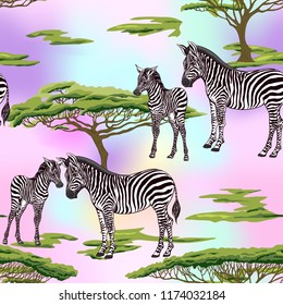 Seamless pattern, background  with adult zebra  and zebra cub.  Realistic drawing, animalism. Vector illustration.  On pink background. 