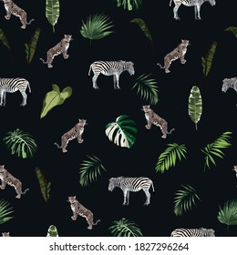 Seamless pattern, background with adult zebra, leopard. Realistic drawing, animalism and tropical leaves. Hand drown illustration. On black background.