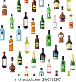 Seamless pattern Background with alcohol bottles. Vodka champagne wine whiskey beer brandy tequila cognac liquor vermouth gin rum absinthe bourbon. Vector illustration in flat style