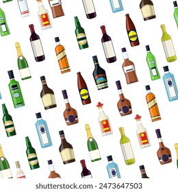 Seamless pattern Background with alcohol bottles. Vodka champagne wine whiskey beer brandy tequila cognac liquor vermouth gin rum absinthe bourbon. Vector illustration in flat style