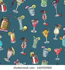 Seamless pattern background with alcohol cocktail drinks of martini, margarita, tequila or vodka. Alcohol coctail with cherry, lime, mint and cubes of ice. Vector illustration.