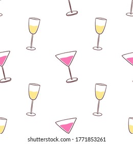 Seamless pattern background with alcohol cocktail drinks of martini, margarita and champagne