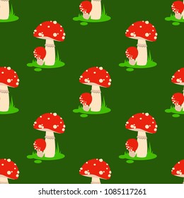 Seamless pattern background amanita mushrooms dangerous set vector poisonous season toxic fungus food illustration.
