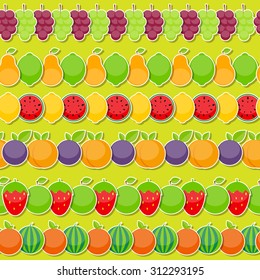 Seamless Pattern Background from Apple, Orange, Plum, Cherry, Lemon, Lime, Watermelon, Strawberries, Kiwi, Peaches, Grapes and Pear  Vector Illustration. EPS10