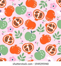 Fondo de patrón sin foco con manzanas y granada. Impresión infantil para tarjetas, fondos de pantalla y plantillas.