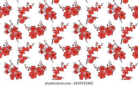 Seamless pattern background with Asian sakura cherry blossom branch, minimalist simple flat vector illustration. Floral background for oriental template, banner