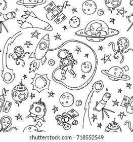 Seamless Pattern Background Astronaut In Space Kids Hand Drawing Set Illustration Isolated On White Background